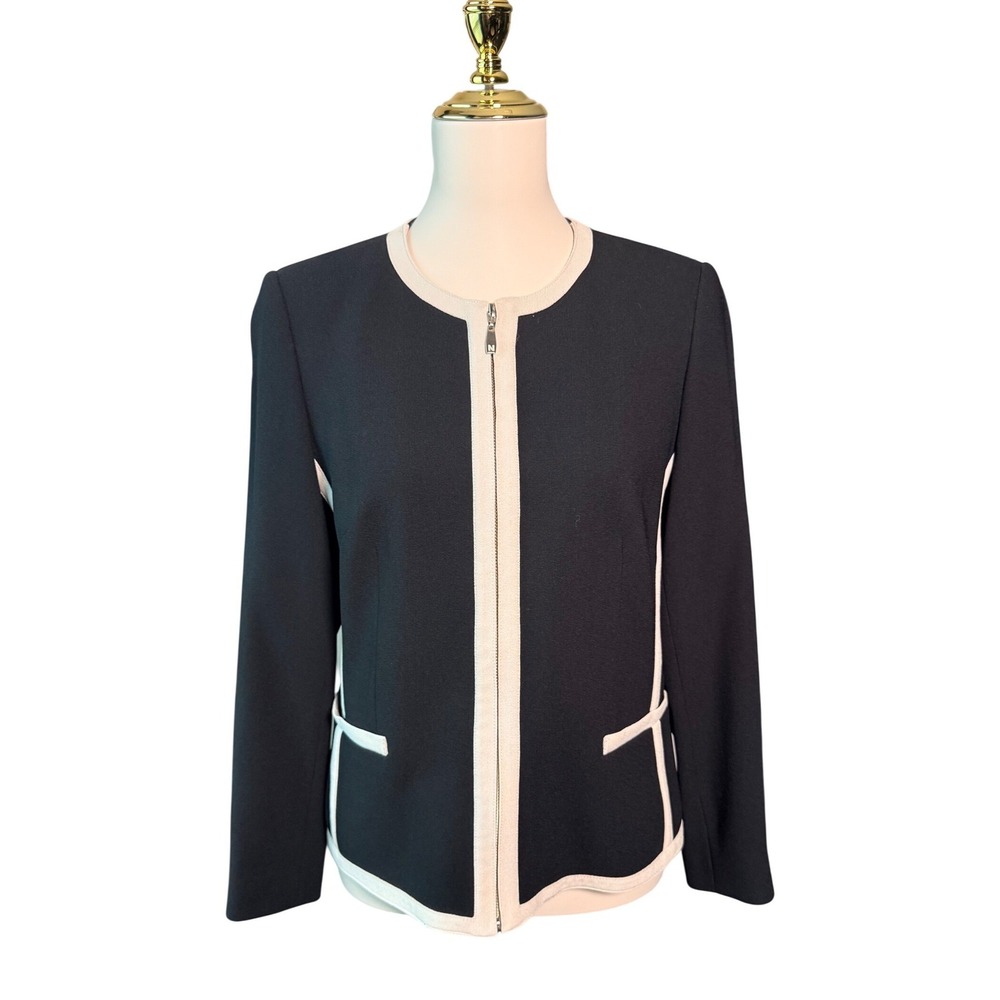 Nygard Collection Petites Black Cream Colorblock Zip Blazer Jacket Size 8P